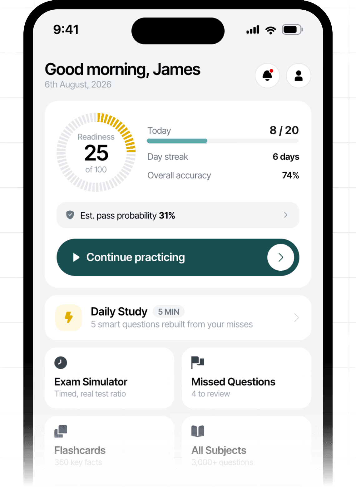 Readiness score and daily study in the Ready CDL Prep app