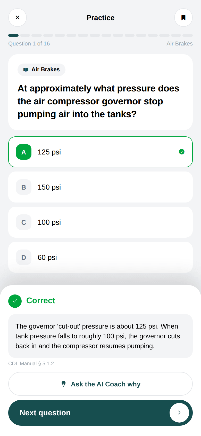 An answered question with its explanation and the Ask the AI Coach button