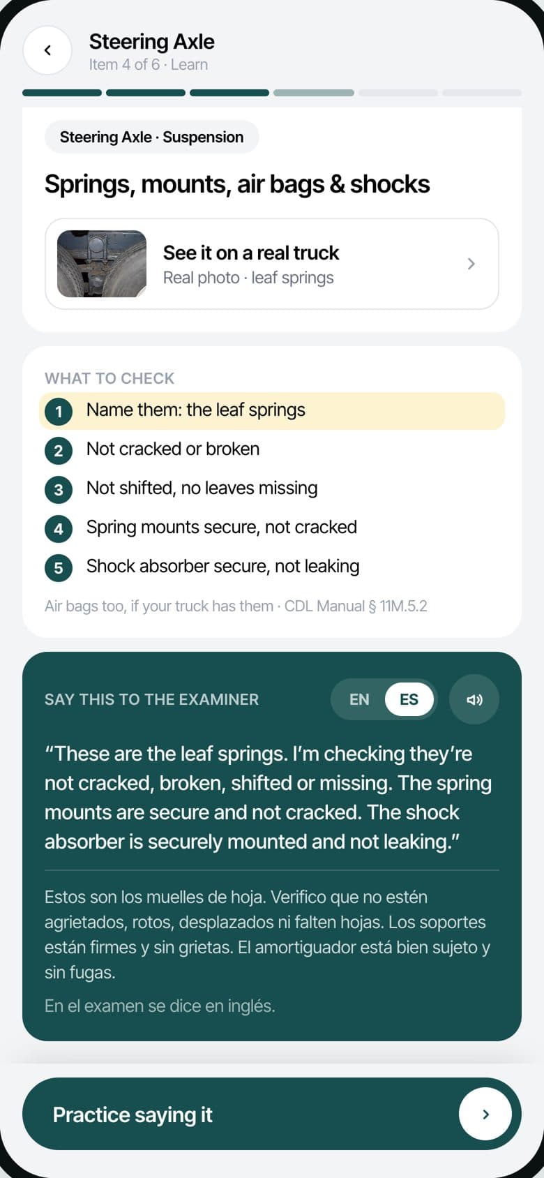 The examiner script in English with the Spanish explanation underneath